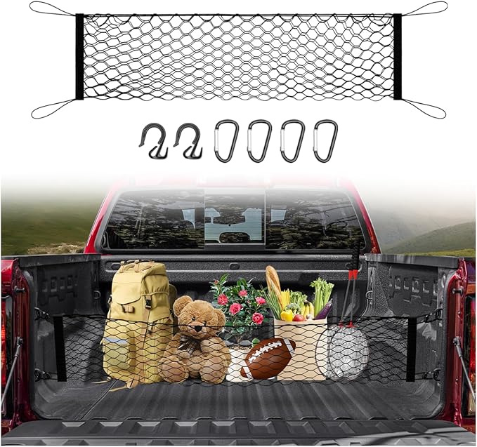 Truck Bed Cargo Net for 2019-2025 2026 GMC Sierra 1500/2020-2026 Chevy Silverado 2500 3500 Accessories Envelope Style Mesh Trunk Net Organizer and Storage Stretchable Nylon Rear Cargo Netting