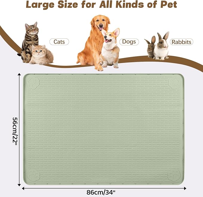 Bartuke Cat Food Mat, 34" x 22" Large Silicone Pet Feeding Mat for Food and Water Bowls Non-Slip, Easy to Clean (Light Green)