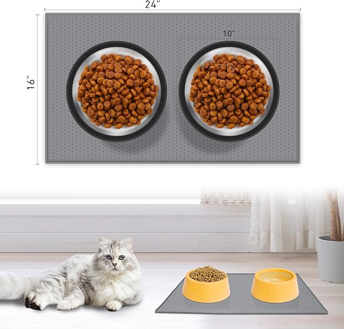 Premium Silicone Dog Food Mat,Dog Bowl mat, Pet Food pad- Anti-Slip Pet Food Mat for Dogs and Cats - Waterproof and Easy to Clean Gray -24 * 16IN