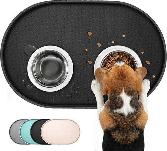 Dog Food Mat,1/2 Inch Raised Edges Cat Feeding Mat for Spill Containment,BPA-Free Silicone Pet Food Mats for Floor Waterproof,Rubber Dog Placemats for Food and Water Bowls(Black,19"x12")