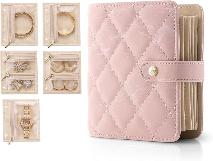Vlando Small Jewelry Book Organizer - Leather Travel Jewelry Case with 5 Detachable Pages for Necklaces, Rings, Earrings, Tangle-Free, Giftable, Seashell Pink
