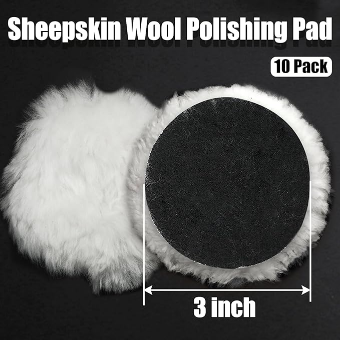 PHITUODA 10 Pcs Wool Polishing Pad 3 Inches Soft Sheepskin Buffing Pads with Hook and Loop Back for Compound Cutting & Polishing for Automotive, Marine, Furniture
