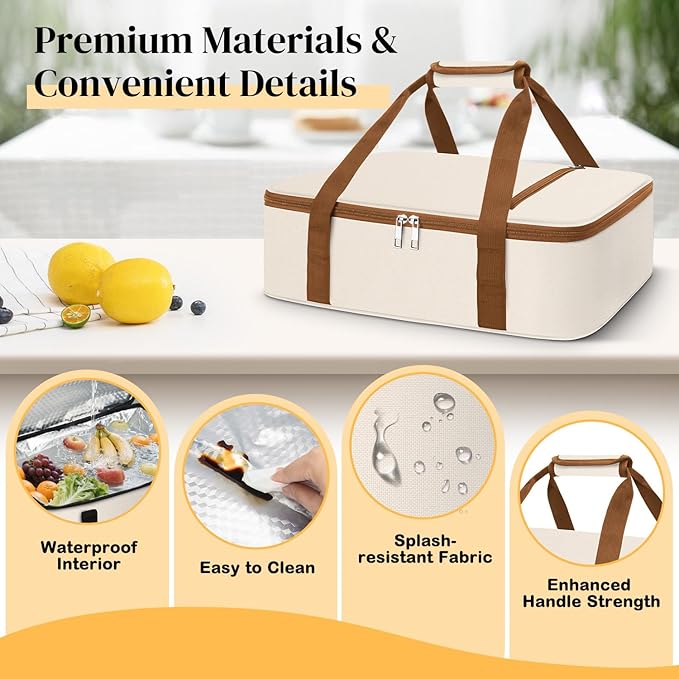 Coobiiya Insulated Casserole Carrier – Portable Tote for Hot or Cold Food, Warmer & Cooler Bag Lunch Bag, Fits 9" x 13" Baking Dish, Ideal for Potluck Parties