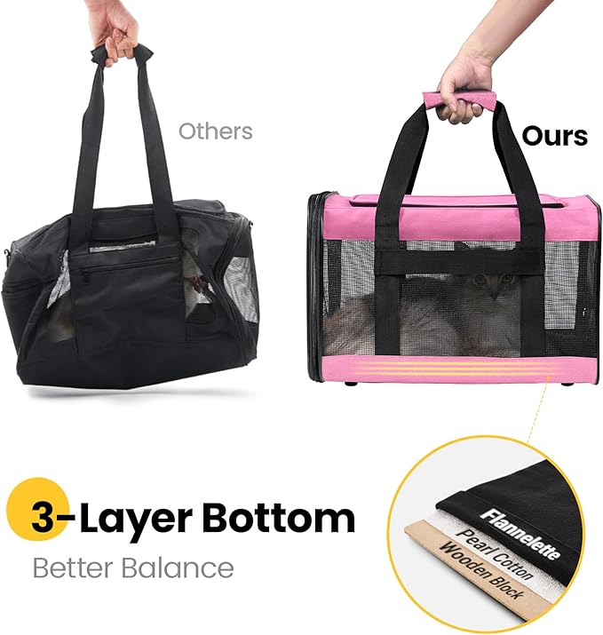 Conlun Dog Carrier Soft Sided, Large Cat Carrier with Inner Safety Leash, Pet Transport Carrier for Large Cats and Medium Dogs up to 20 Lbs, Collapsible Travel Puppy Carrier Bag -Pink L