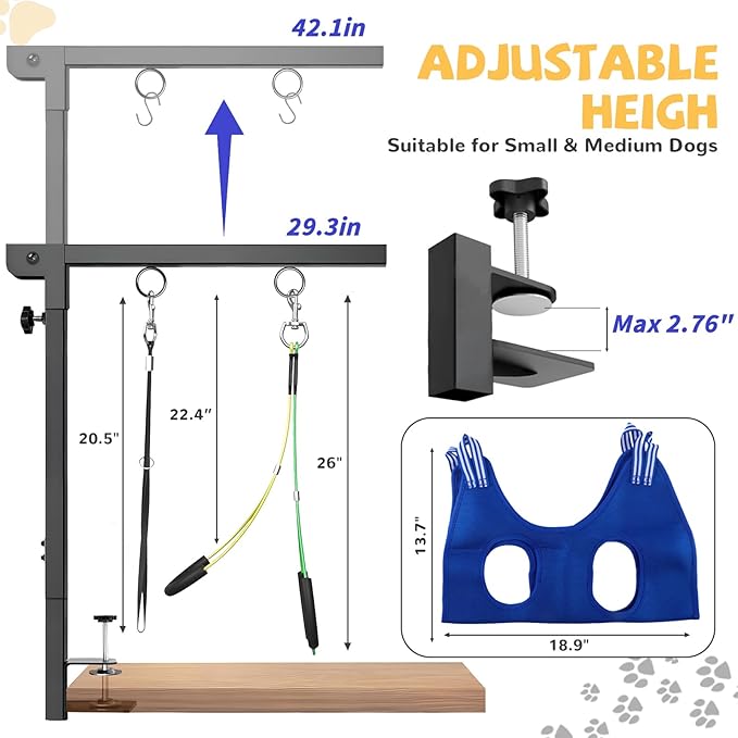 Foldable Dog Grooming Arm : Adjustable Height 26-40 - for Dog Grooming Table - with Dog Grooming Hammock & No-Sit Holders-Grooming Restraint for Small Medium Dogs at Home or Salon
