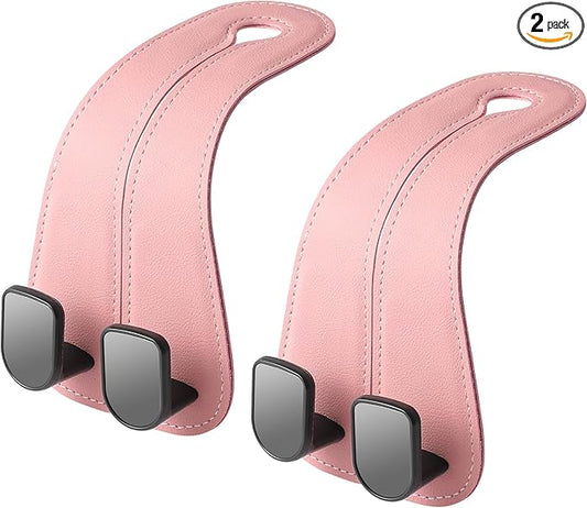 2 Pack KAFANLIN Car Headrest Hooks for Purses and Bags Cute Leather Car Seat Back Head Rest Double Hooks for Bags Cute Pink Beige Car Accessories Headrest Back Seat Handbags Hook (Pink 2 Pack)