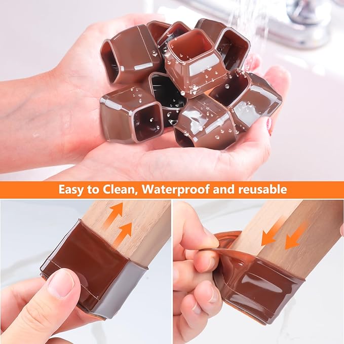 16pcs Square Chair Leg Floor Protectors, Felt Pads Chair Leg Protectors for Hardwood Floors, Silicone Furniture Feet Cups Covers Felt Pads, Prevents Scratches & Reduce Noise, Brown, Small