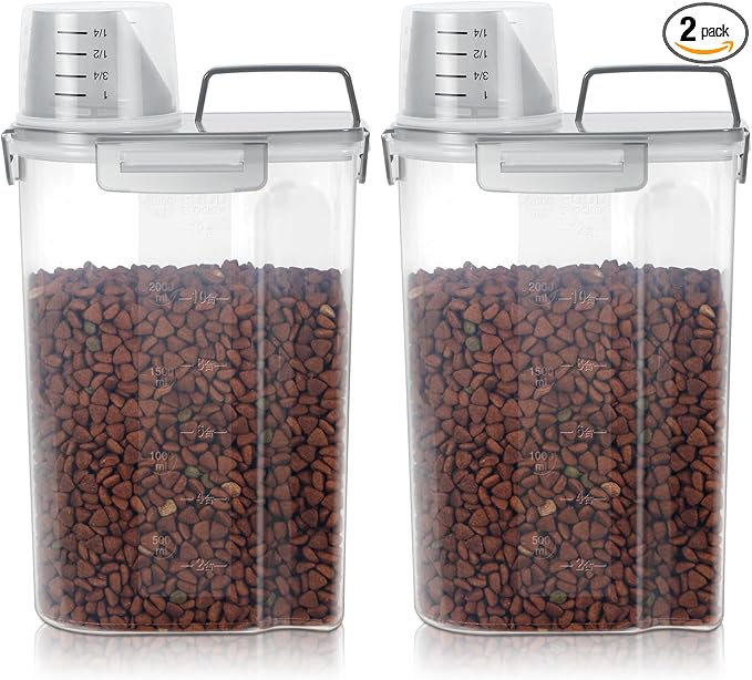 LEAWALK 3-5Lbs Airtight Small Cat Dog Pet Food Storage Containers BPA Free, with Large Pour Spout/1 Measuring Cup/ 4 Safety Locks and Double-layer Silicone Strip (Clear Grey 2Pack)