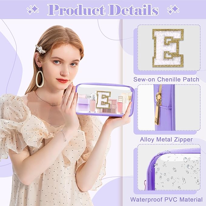 Personalized Initial Letter Clear Makeup Bag,Preppy Small Nylon&PVC Cosmetic Zipper Bag with Chenille Letter,Travel Skincare Toiletry Bag,Monogram Christmas Gift for Teen Girls Women,E