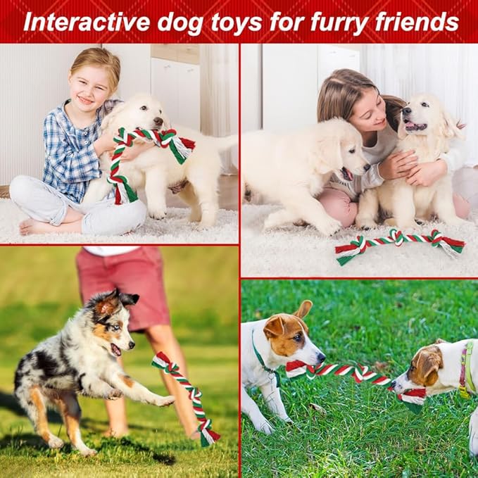SZEE Dog Rope Toy, 14 in 3 Knots Christmas Dog Chew Toys for Medium and Small Dogs, Natural Cotton Pull Toy for Tug of War and Teeth Cleaning (Red & Green)