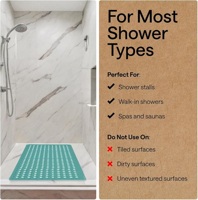 GORILLA GRIP Patented Square Shower Stall Mat, Small Bathtub Floor Mats for Stand Up Showers, Suction Cups and Drain Holes, Machine Wash, Soft on Feet, Bathroom Accessories 21x21 Inch Turquoise Opaque