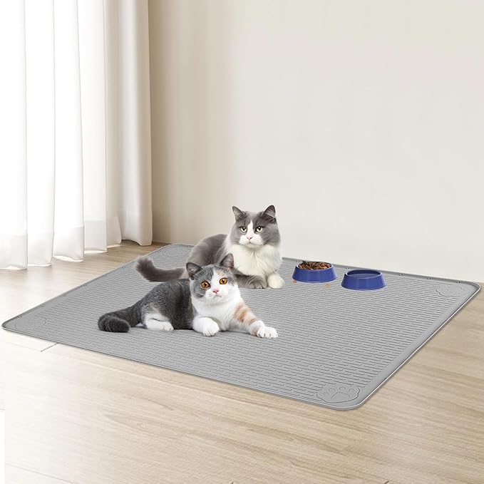 Bartuke Cat Food Mat, 40" x 28" Extra Large Silicone Pet Feeding Mat with Raised Edge Pet Placemat for Food and Water Bowl Non-Slip, Easy to Clean, Floor Protection (Grey)