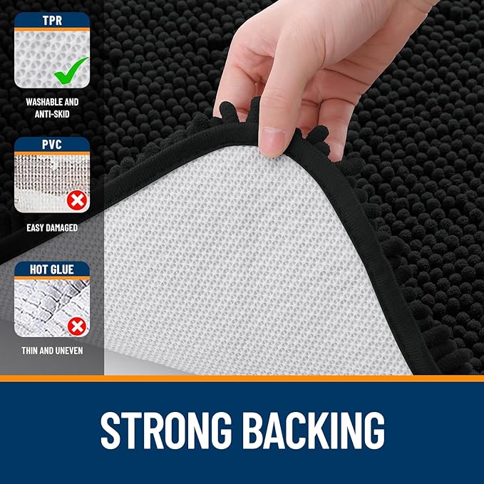 OLANLY Bathroom Rugs 50x30, Extra Soft Absorbent Chenille Bath Rugs, Rubber Backing Quick Dry, Machine Washable Bath Mats for Bathroom Floor, Tub and Shower, Home Decor Accessories, Black