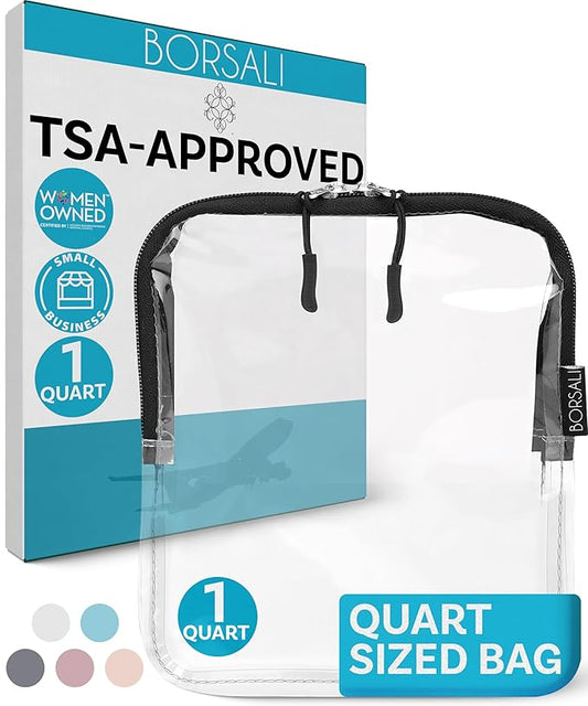 BORSALI TSA Quart Size Bag Approved for Carry On Travel - One (1) Quart Clear Toiletries, Cosmetic and 3-1-1 Liquids Toiletry Bag