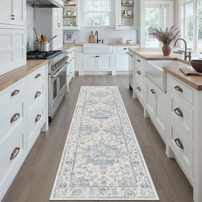 2x8 Washable Neutral Runner Rug Blue Vintage Hallway Kitchen Carpet Non-Slip Soft Low Pile Farmhouse Throw Rug for Bedroom Bathroom Laundry Living Room