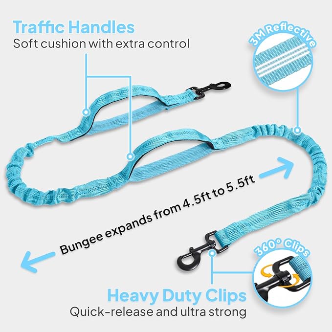 Hands Free Crossbody Dog Leash Bag with Built-in Poop Bag Dispenser & Storage, Dual Bungee Shock-Absorbing Leash with Dual Handles for Small, Medium, Large Dogs Walking or Training (Blue)