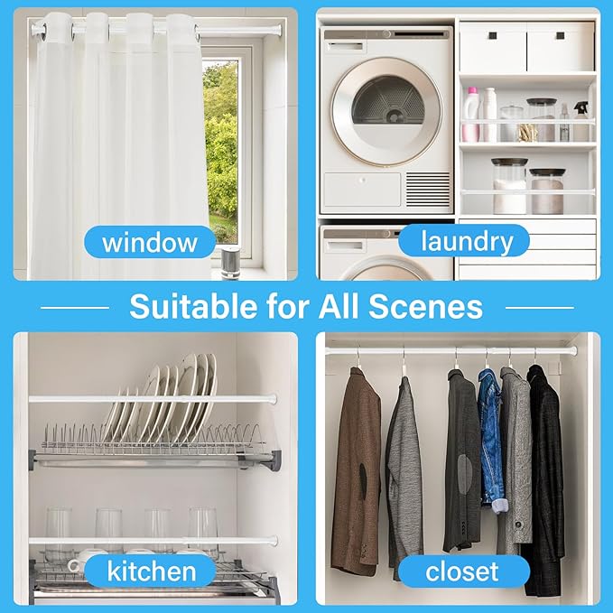 2pack Spring Tension Rods 23-46 Inch Adjustable White Tension Rod Spring Curtain Rod Extendable Short Curtain Rod Spring Loaded Curtain Rods Tension Rod For Curtains,Closet,Kitchen