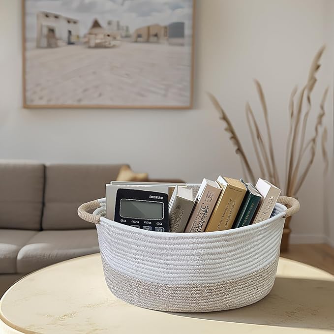 Medium Rope Basket with Handles, Medium Bohe Storage Basket, 17 "L x 12.5" W x 8.5 "H, Home Decor Organizer for Towels,toys, Books & Magazines