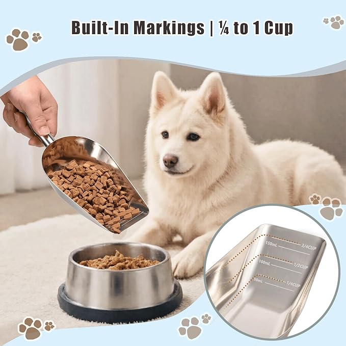 Dog-Cat Food Scoop 3/4 Cup / 6oz, Aloxina Thickened 304 Stainless Steel Pet Food Scoop with Long Handle, Precision Scale, Easy to Clean, Suitable for Wet and Dry Food
