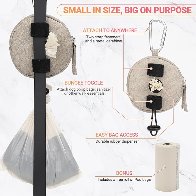 Dog Poop Bag Holder for Leashes- Dog Treat Pouch with Waterproof Zipper,Puppy Training Small Bag with Carabiner & Bungee Toggle,Two Pockets for Dry or Wet Treats-Pet Travel Walking Essentials (Khaki)