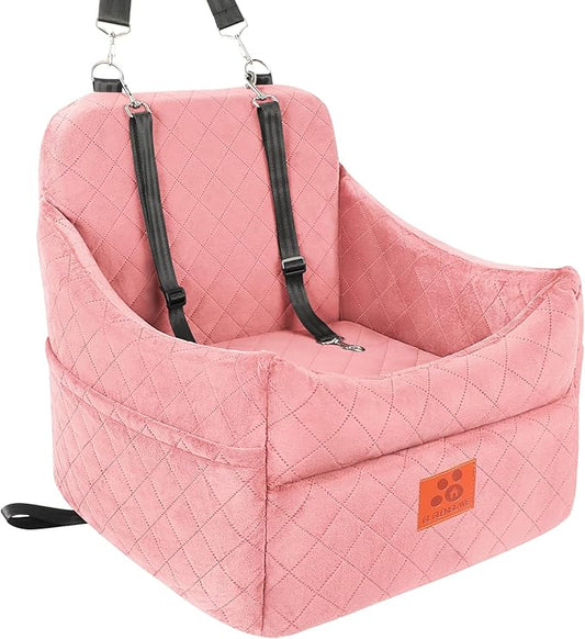 Dog Car Seat for Small/Medium Dogs, Dog Booster Car Seats with Thick Cushion for Dogs Under 35lbs, Detachable Washable Pet Bed with Storage Pockets, 2 Safety Belts (Pink)