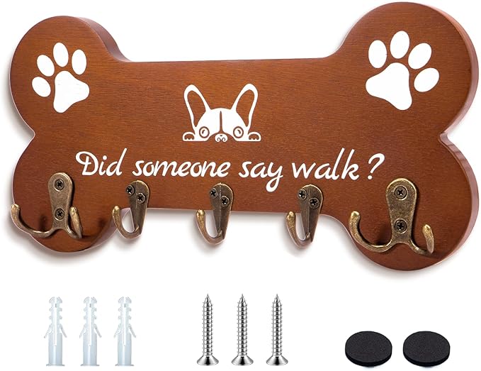 Bone Shape Dog Leash Hangers for Wall - Coat Rack with 5 Key Hooks, Perfect for Dog Lovers, Ideal for Entryway, Door and Bedroom Decor. 11.8'' x 5.9''(Brown)