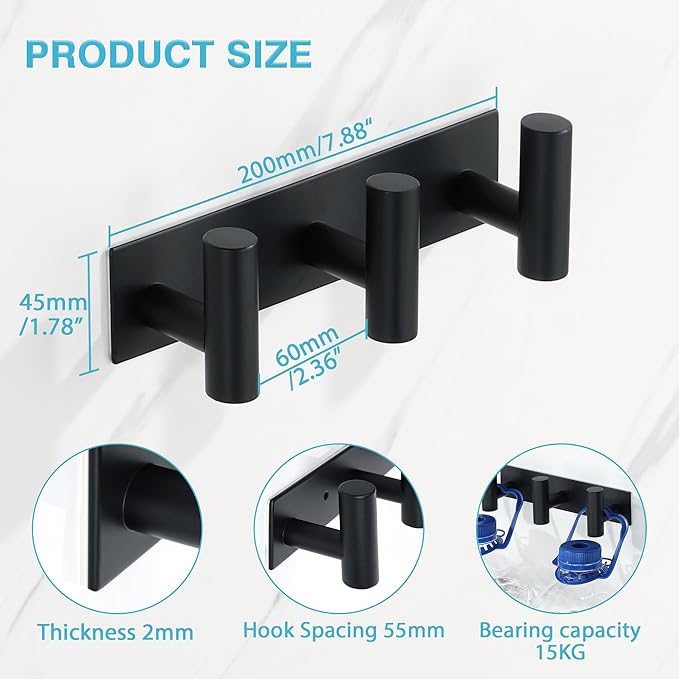 Alise Black Coat Hooks Hat and Coat Rack with 3 Hooks Wall Mount Key Hooks for Robes, Bags, Keys, and Towels,SUS304 Stainless Steel Wall Hooks for Hanging,Self Adhesive or Drilling Mounted