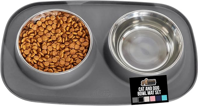 GORILLA GRIP Feeding Mat Set, Patent Pending 100% Waterproof BPA Free Silicone, Stainless Steel Cat and Dog Bowls, Slip Resistant, High Edges Catch Water Food, US Designed Pet Accessories, 1 Cup Gray