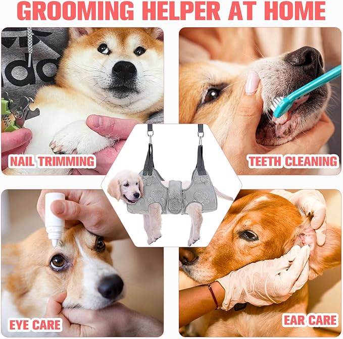 PAWCHIE Dog Grooming Hammock Harness for Dogs & Cats with Pet Nail Clipper Trimmer,Cat Hanger Sling for Trimming Clipping Nails,Warm Plush Dog Hammock Restraint Bag for Small Medium Large Dogs,Grey S