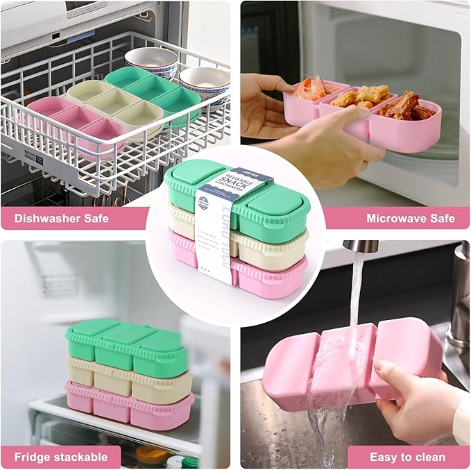 3Pack Silicone Reusable Snack Containers for Kids - 14 oz 3 Compartment Small Snackle Box with Lids for Lunch & Sauce, Food Storage for School, Travel, Work