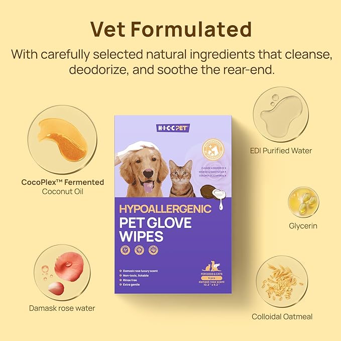 HICC PET Cleaning Deodorizing Glove Wipes for Dogs & Cats, Vet Recommended Hypoallergenic Hydrating & Nourish Fur Pet Grooming Glove Wipes, Pet Bathing Wipes for Horse Coat Care, 6pcs Rose Scent
