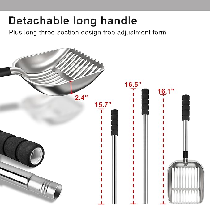 Cat Litter Scoop, Metal Litter Scooper with Deep Shovel, Scooper Long Handle Detachable Components Stainless Litter Scooper，Large Durable Cat Litter Shovel with Foam Pad Grip(Silver Color)