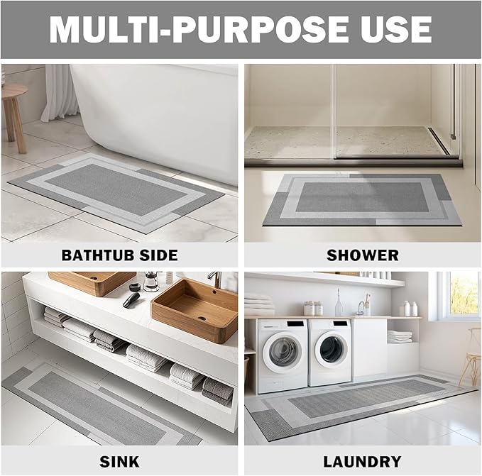 Extra Long Non Slip Bathroom Runner Bath Mat, Rubber Backing Ultra Thin Bath Rug Fit Under Door Quick Dry Super Absorbent Washable Shower Mat for Bathroom Floor Bathtub Sink, Grey 24"x70"