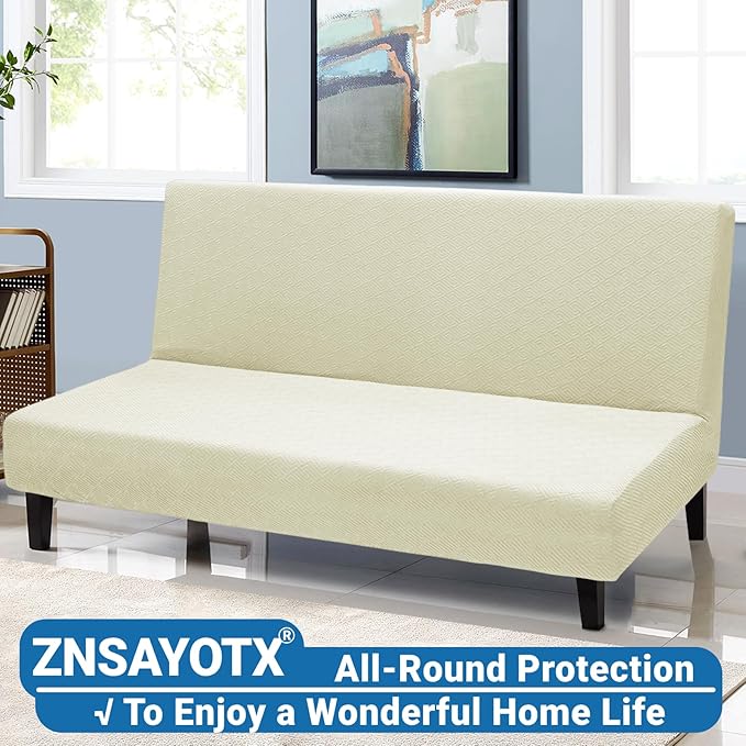 ZNSAYOTX Stretch Fit Futon Cover (67"-82") Armless Futon Sofa Bed Slipcover with Elastic Band, Universal Foldable Sofa Mattress Protector Full Queen Size, Washable Comfort Jacquard (Light Beige)