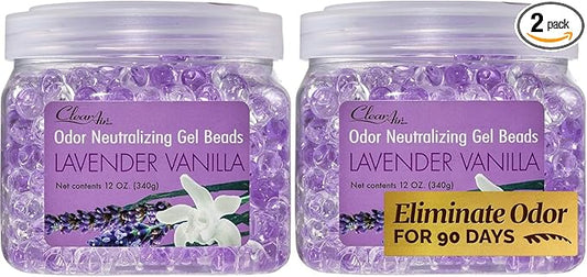 Clear Air Odor Eliminator Gel Beads - 12 oz, Pack of 2 - Air Freshener Made with Essential Oils - Eliminates Odors in Bathrooms, Cars, Boats, RVs & Pet Areas - Lavender Vanilla Scent