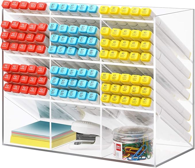 Marbrasse Clear Pen Organizer Storage, Acrylic Desk Organizer with 12 Compartments, Pen Holder for Desk, Desktop Art Organizer for Office School Art Supplies