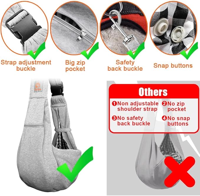 Tomkas Small Dog Sling Carrier - Zipper Pocket & Adjustable Strap - for 3-10 lbs Pets(Gray) Puppy