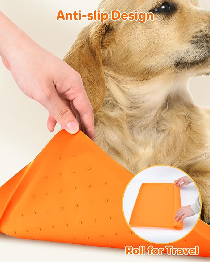 Aisslro Pet Feeding Mat, 27”x27” Absorbent Pet Placemat for Food and Water Bowl, Non-Slip Silicone, Leak-Proof Floor Protection for Quick Dry Water Dispenser Mat for Dog and Cat, Beige