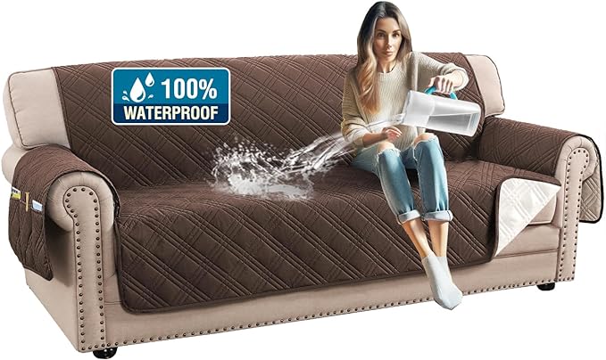 H.VERSAILTEX 100% Waterproof Couch Covers for 3 Cushion Couch Sofa Pet Friendly Modern Sofa Cover with Elastic Straps Thick Soft Furniture Protector (Sofa, Brown/Beige)