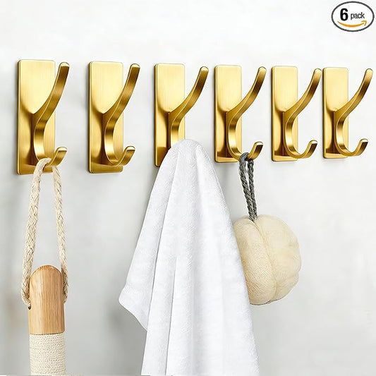 pickpiff Self Adhesive Coat Hooks for Hanging: Heavy Duty Stainless Wall Hook for Towel, Utensil, Backpack, Hat, Sturdy Metal Hanger for Bathroom, Kitchen, Door, 6-Pack, Brushed Gold