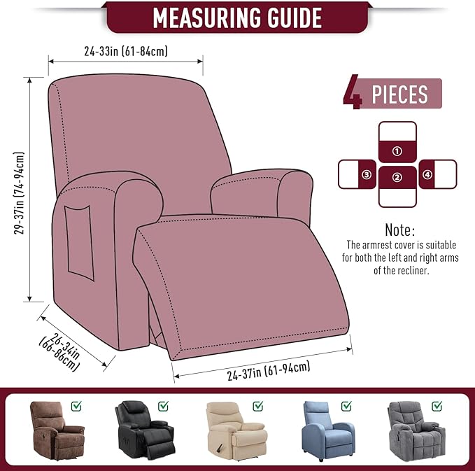 TAOCOCO Recliner Cover 4-Pieces, Recliner Stretch Sofa Slipcover, Recliner Cover 1 Seater, Couch Protector Soft, Furniture Protector Covers with Elastic,Chair Covers Jacquard Pattern (Burgundy)