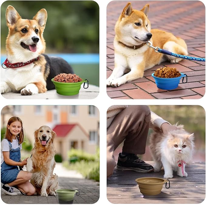 PetBonus 2-Pack Large Silicone Collapsible Dog Bowls, 34oz/1000ml BPA Free Portable Foldable Travel Bowl for Pet Cat, Food Water Feeding Dish for Camping with 2 Carabiners (Light Blue & Green)
