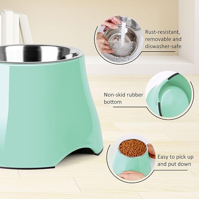 Dog Bowls,Cone Friendly Non Slip Single Dog Bowl with Stainless Steel Inner, Raised Bowls for Smll Dogs Spaniel Dogs Long Ear, High Capacity, M/2 Cup Mint Green