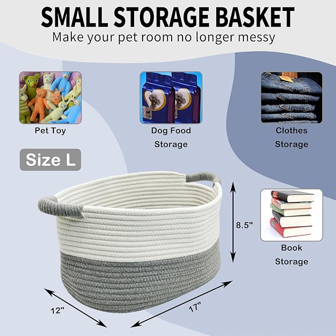 Fhiny Cotton Rope Dog Toy Basket with Handle Puppy Toys Storage Bin Small Woven Rectangle Diapers Pet Kitty Bed Perfect for Carry Pet Chew Toys Blankets Leashes Doggie Stuff - White and Grey (L)