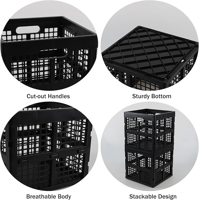 Fiazony 3-Pack Collapsible Crates, 18 L Square Stackable Utility Crate, Foldable Storage Cubes, Black
