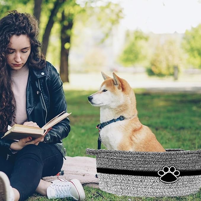 Small Woven Baskets for Organizing Rope Storage Basket with Handle Cute Cotton Basket for Nursery Gift Dog Toy Storage Bins for Toy Organizer-Black&Grey