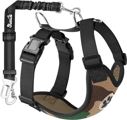 SlowTon Dog Seat Belt Harness for Car, Dog Car Harness Adjustable Mesh Breathable & Dog Seatbelt Safety Tether with Elastic Bungee for Small Medium Large Pets(Camouflage, Double Clip, S)