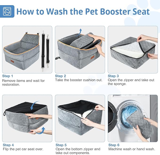 GL GLENSLAVE Dog Car Seat for Small Medium Dogs, Memory Foam Dog Booster Car Seat for Pets Under 35 lbs, Anti-Slip Pet Carseat with 2 Adjustable Leashes, Elevated Dog Travel Bed with Storage Pockets
