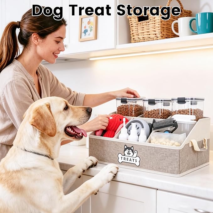 Dog Treat Container Basket for Countertop, Foldable Pet Toy Box for Living Room Area with Handles, Dog Storage Organizer with Removable Dividers for Treat Container, Leashes, Canned food (Brown)