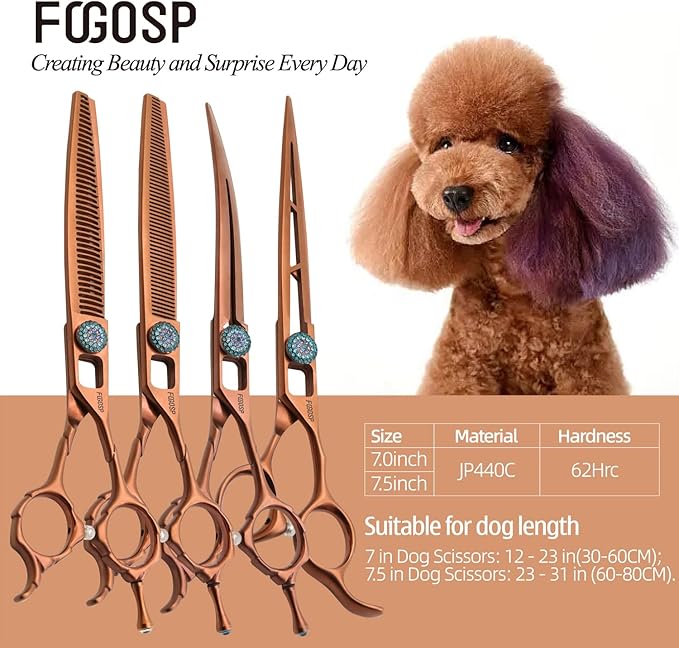 7.5'' Dog Grooming Scissors Set 4PCS Curved Thinning Straight Chunkers Shears Kit with Hollow Out Design Ergonomic Offset Handle High Cobalt Alloy Steel Sharp and Durable(7.5, Chocolate Kit)